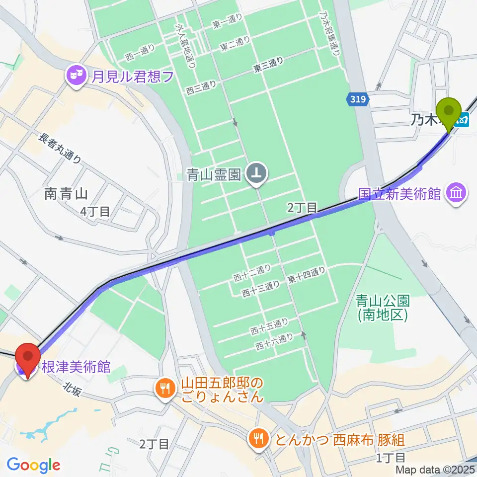 乃木坂駅から根津美術館へのルートマップ地図