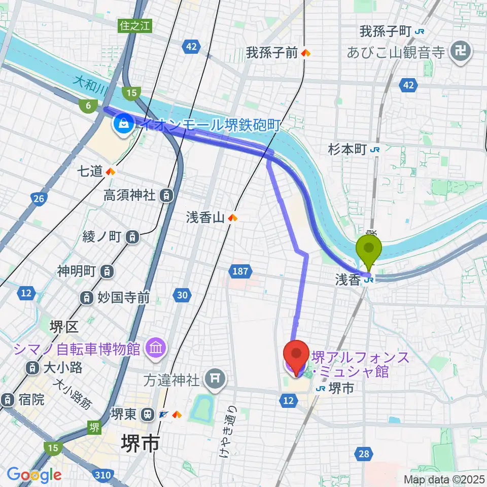 浅香駅から堺アルフォンス・ミュシャ館（堺市立文化館）へのルートマップ地図