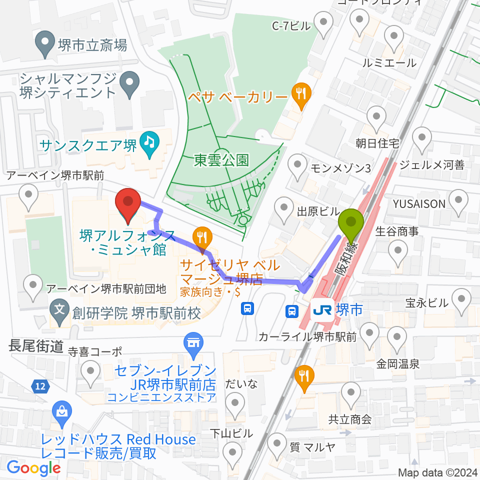 堺アルフォンス・ミュシャ館（堺市立文化館）の最寄駅堺市駅からの徒歩ルート（約4分）地図