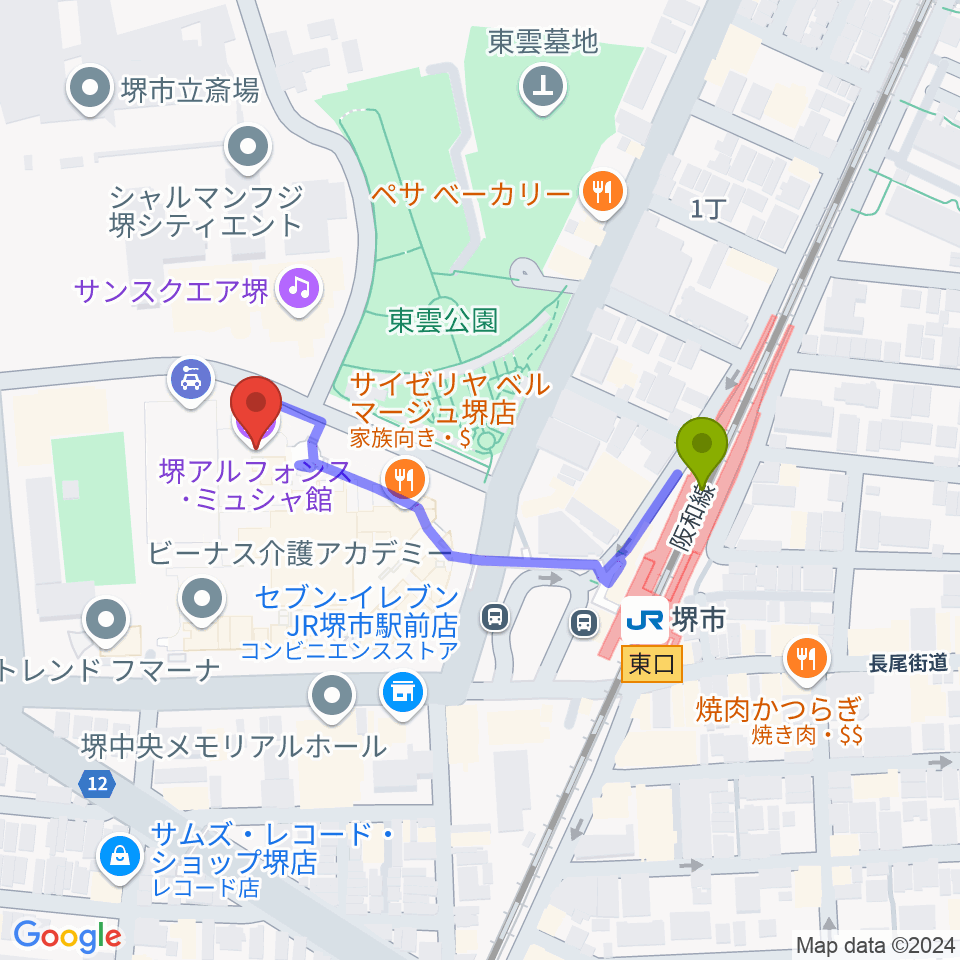 堺アルフォンス・ミュシャ館（堺市立文化館）の最寄駅堺市駅からの徒歩ルート（約4分）地図