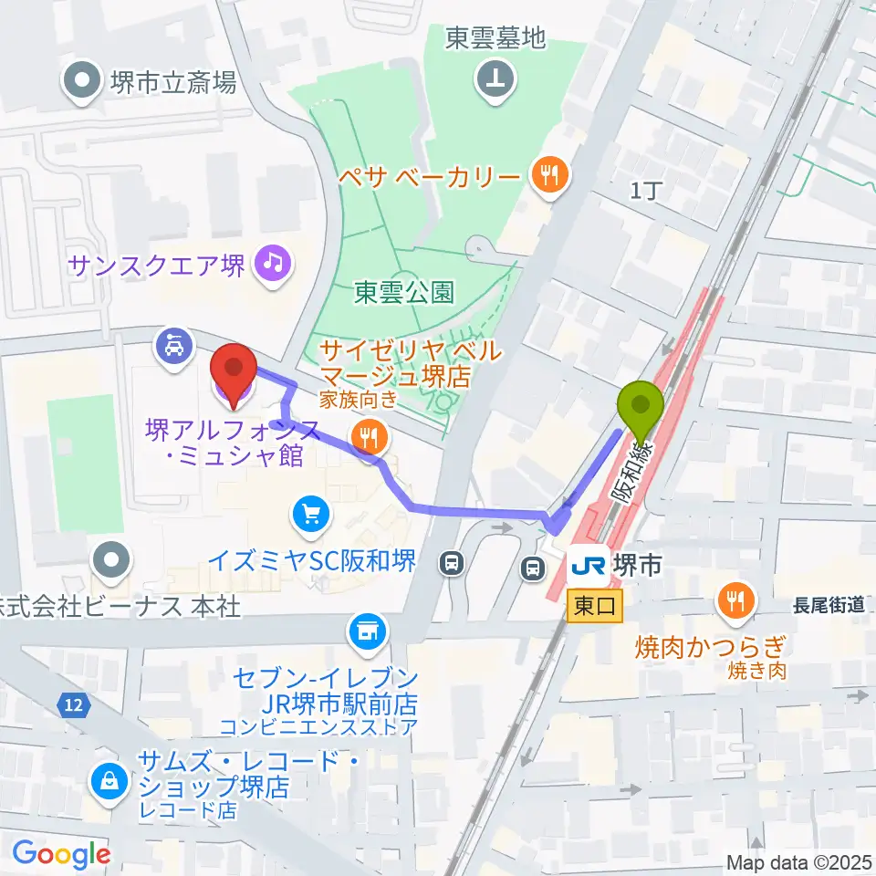 堺アルフォンス・ミュシャ館（堺市立文化館）の最寄駅堺市駅からの徒歩ルート（約4分）地図