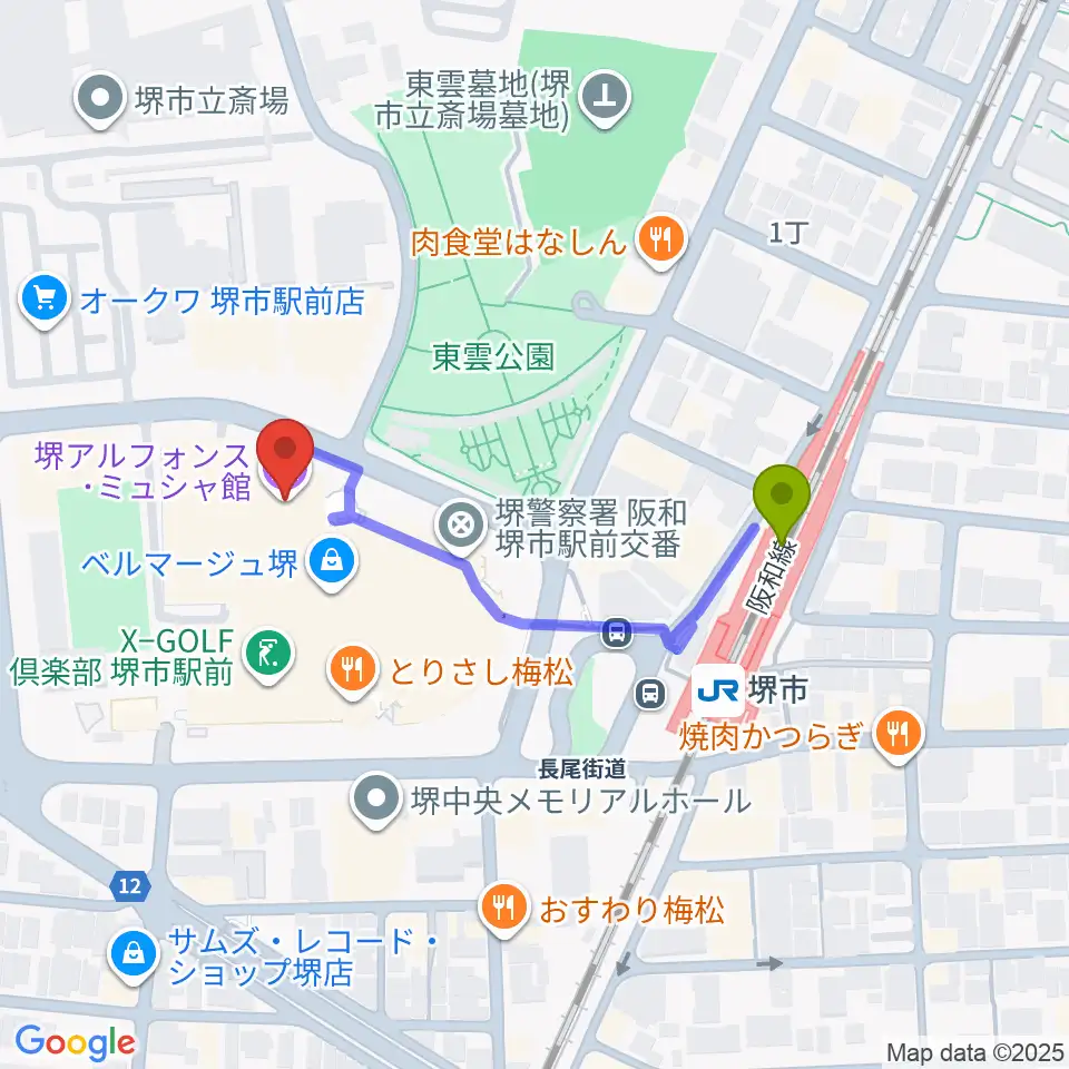 堺アルフォンス・ミュシャ館（堺市立文化館）の最寄駅堺市駅からの徒歩ルート（約4分）地図
