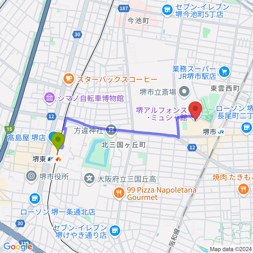 堺東駅から堺アルフォンス・ミュシャ館（堺市立文化館）へのルートマップ地図