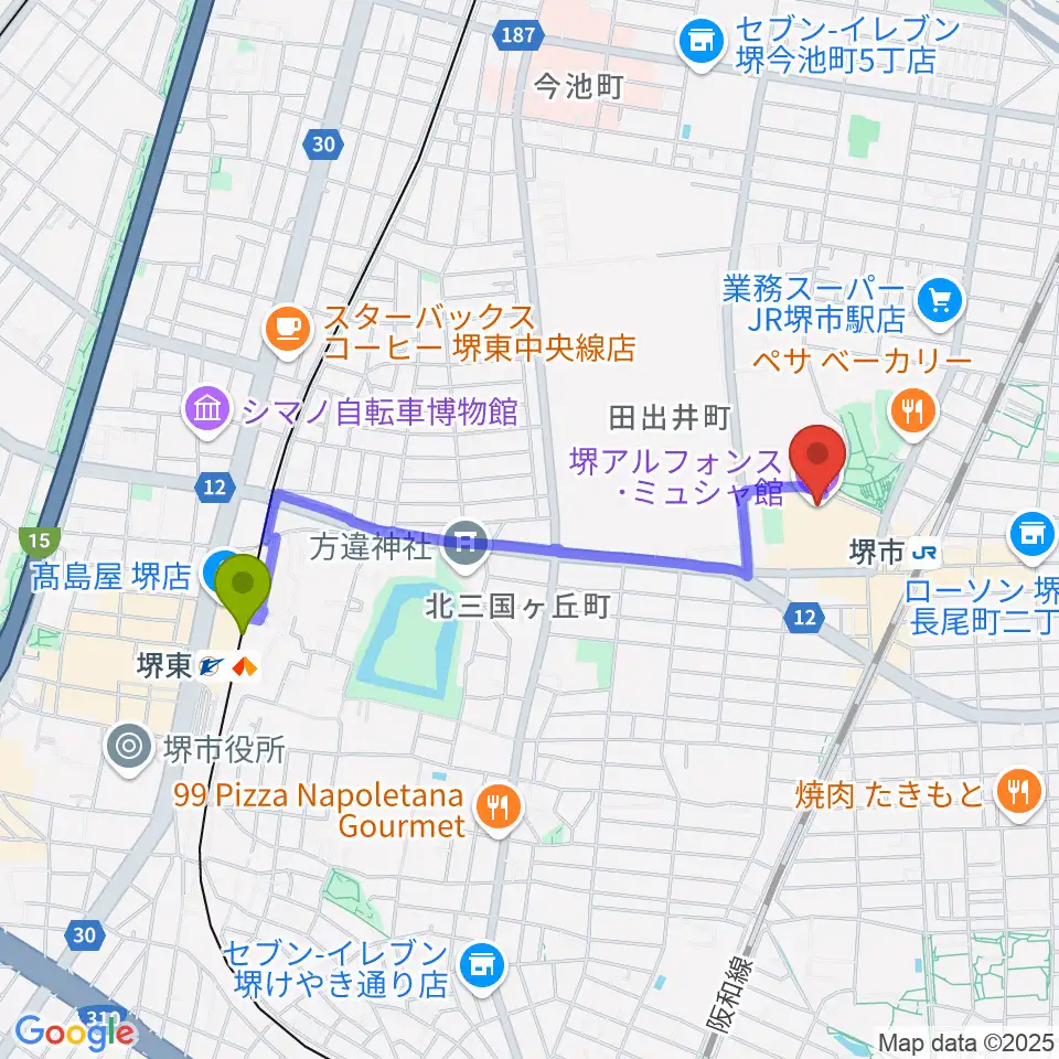 堺東駅から堺アルフォンス・ミュシャ館（堺市立文化館）へのルートマップ地図