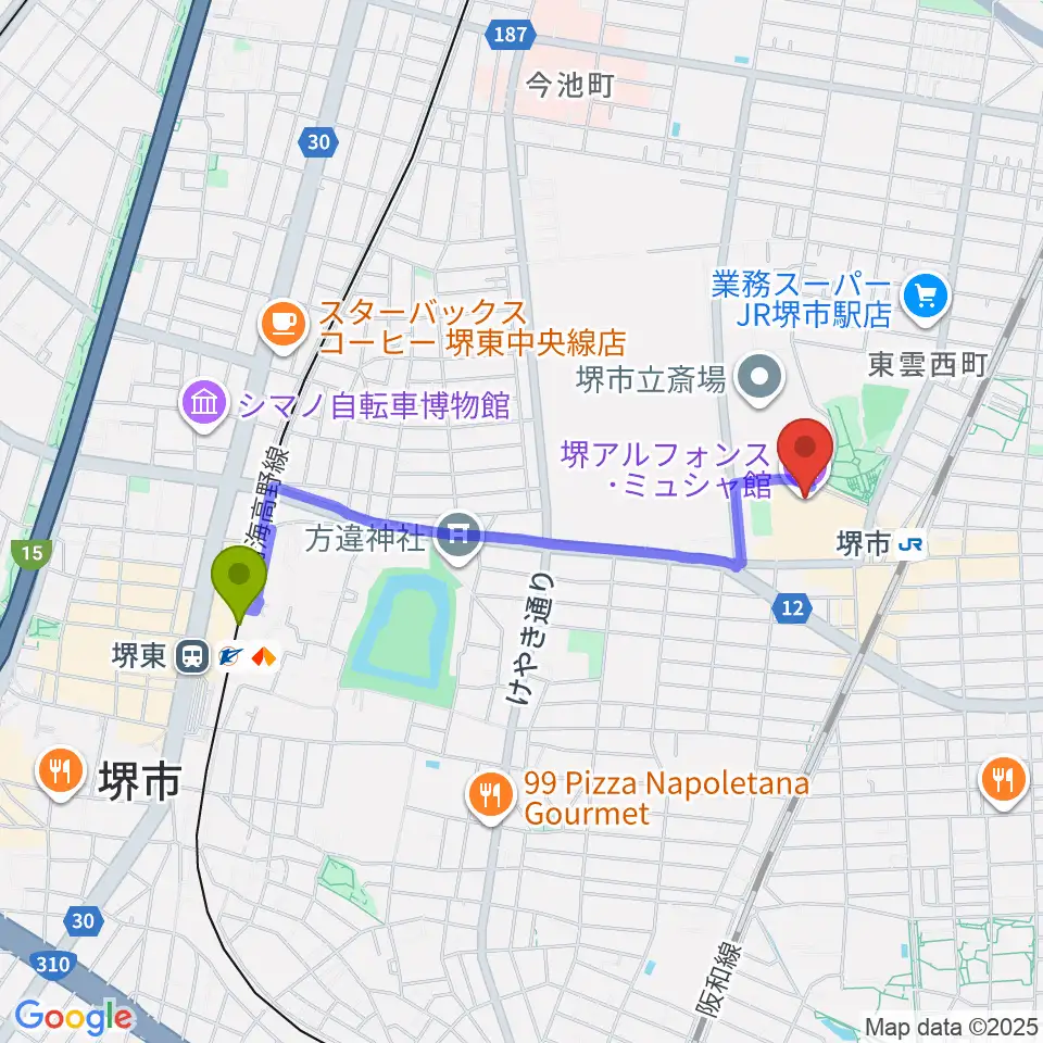 堺東駅から堺アルフォンス・ミュシャ館（堺市立文化館）へのルートマップ地図