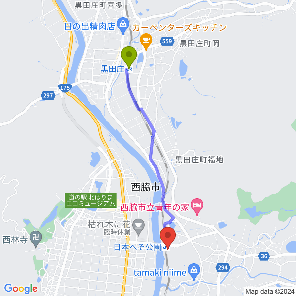 黒田庄駅から西脇市岡之山美術館へのルートマップ地図
