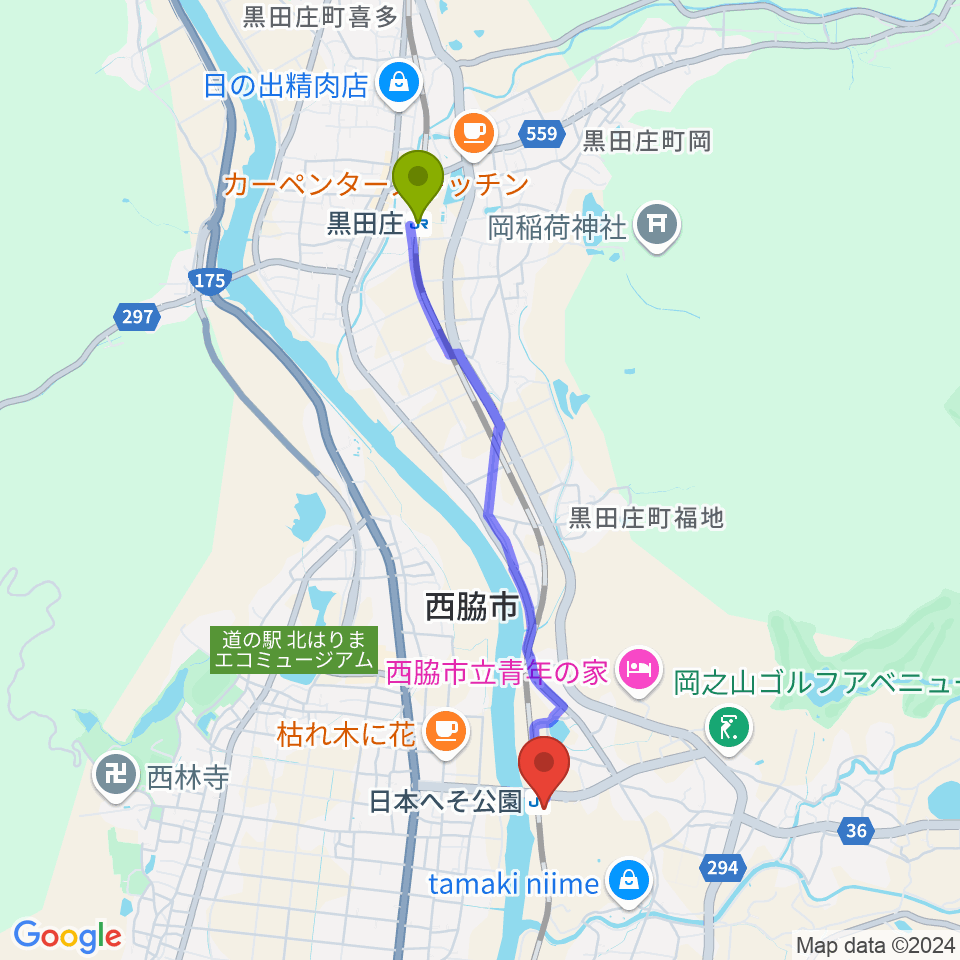 黒田庄駅から西脇市岡之山美術館へのルートマップ地図