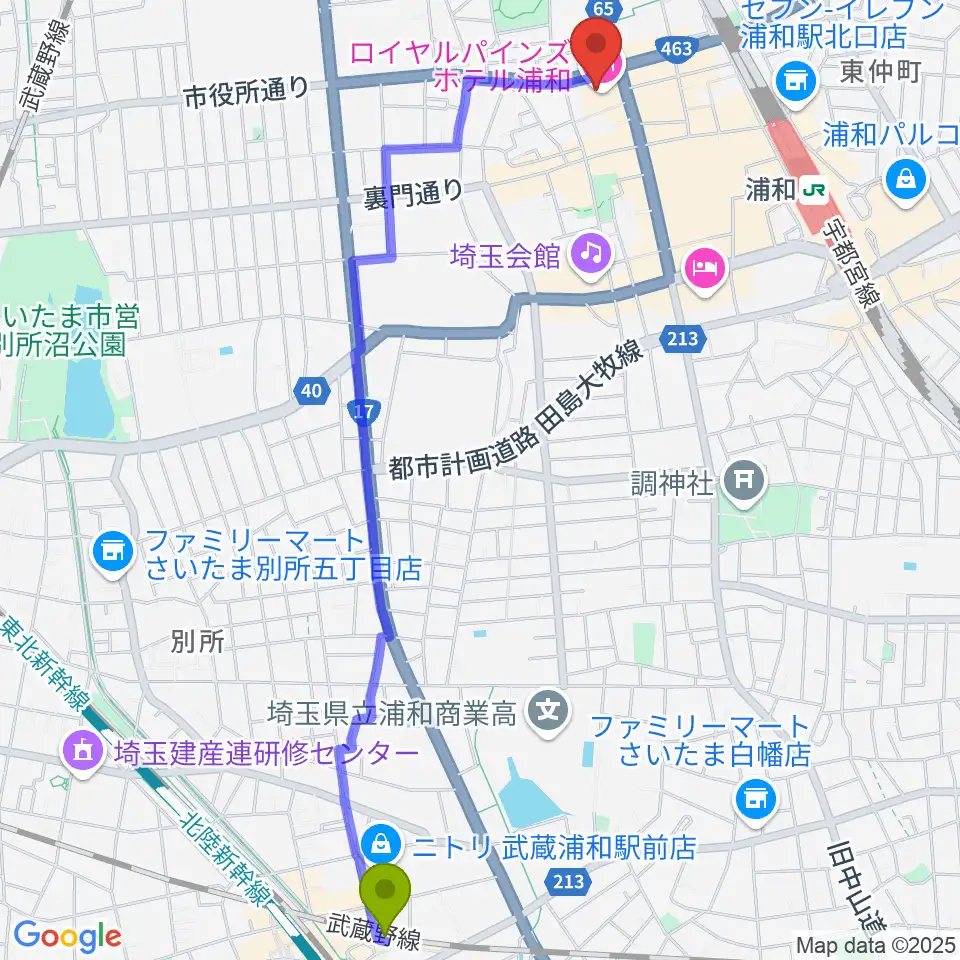 武蔵浦和駅からうらわ美術館へのルートマップ地図
