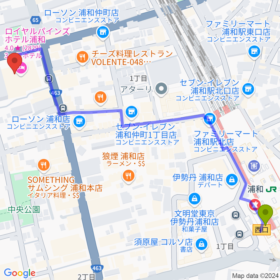 うらわ美術館の最寄駅浦和駅からの徒歩ルート（約8分）地図