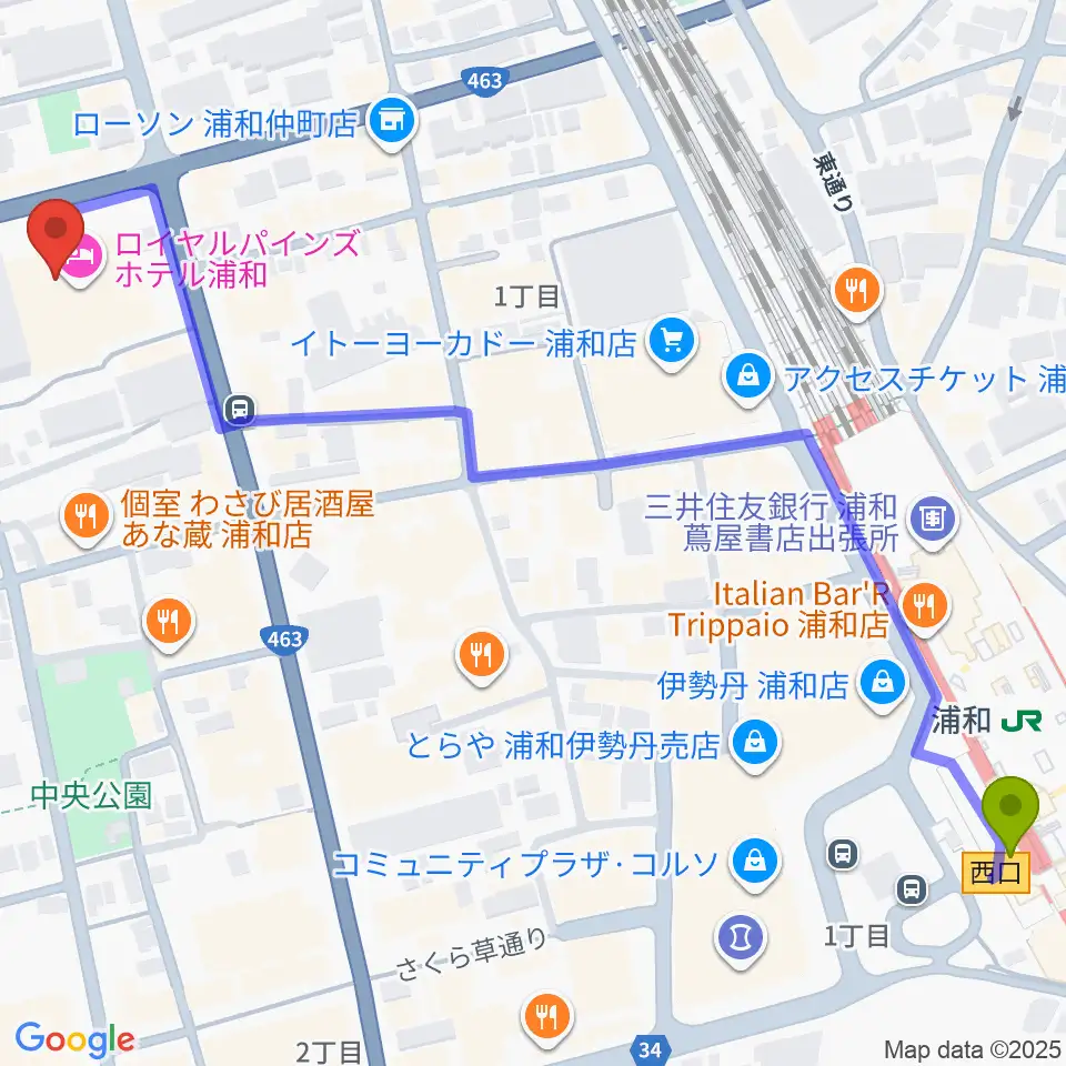 うらわ美術館の最寄駅浦和駅からの徒歩ルート（約8分）地図