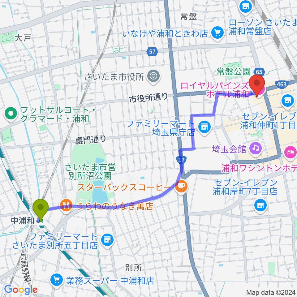 中浦和駅からうらわ美術館へのルートマップ地図