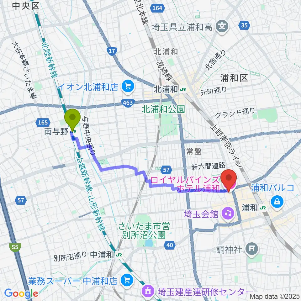 南与野駅からうらわ美術館へのルートマップ地図