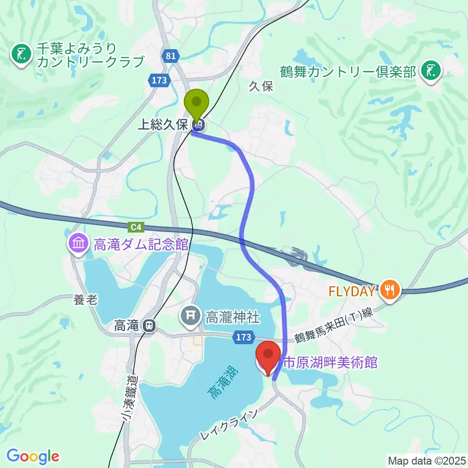 上総久保駅から市原湖畔美術館へのルートマップ地図