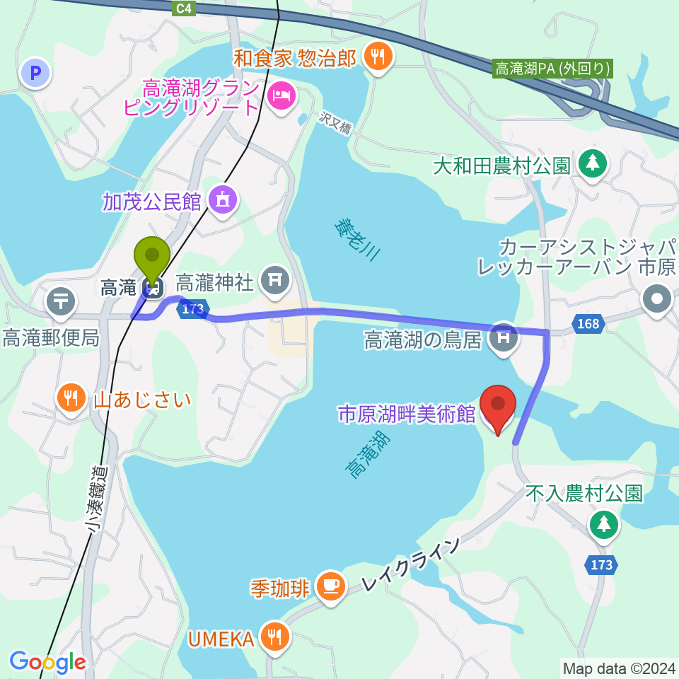 市原湖畔美術館の最寄駅高滝駅からの徒歩ルート（約17分）地図