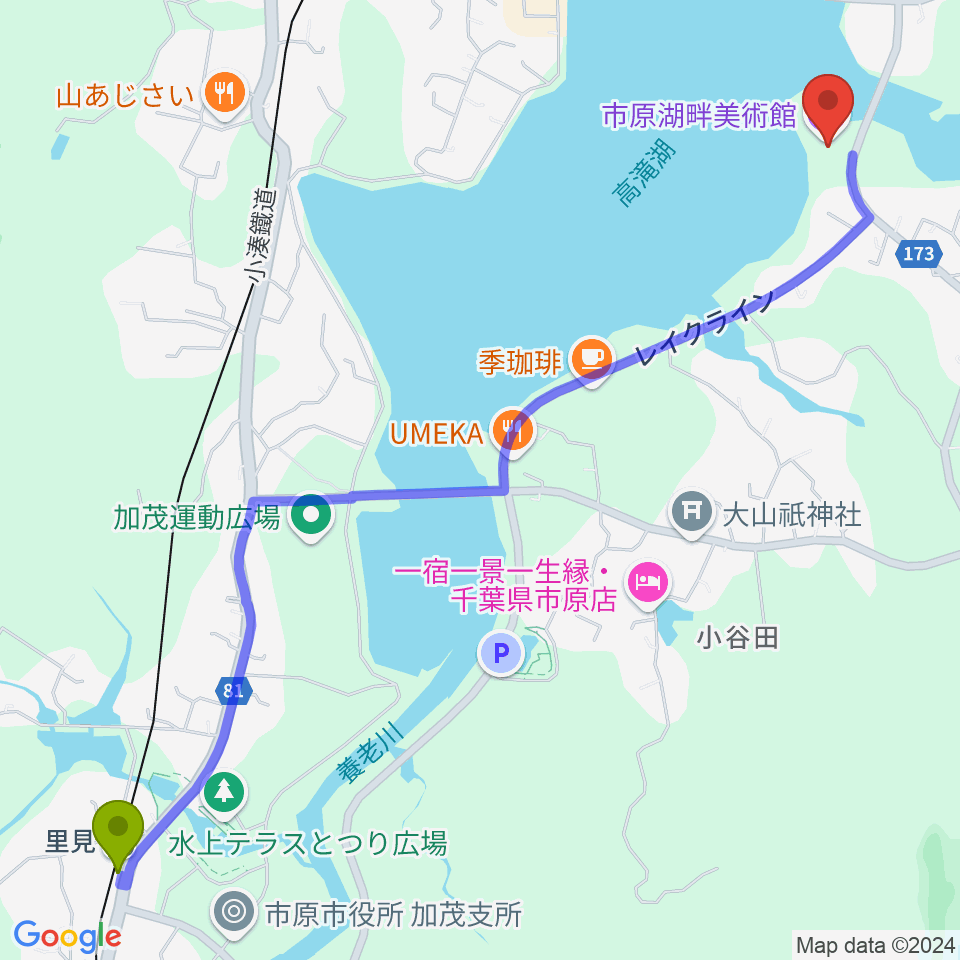 里見駅から市原湖畔美術館へのルートマップ地図