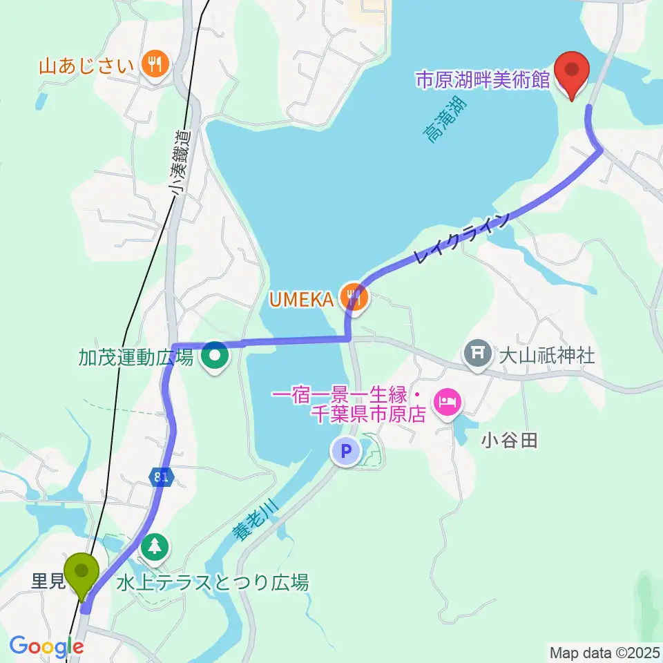 里見駅から市原湖畔美術館へのルートマップ地図
