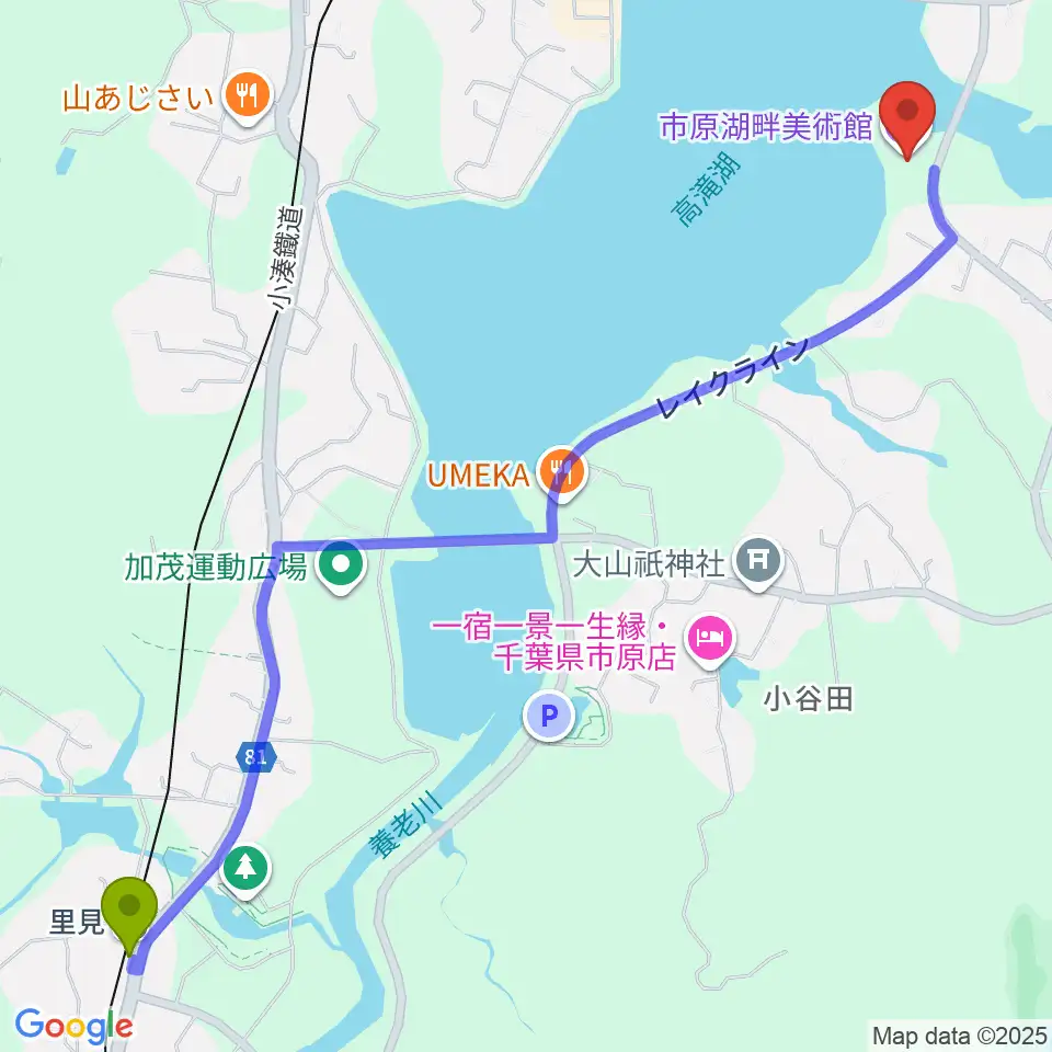 里見駅から市原湖畔美術館へのルートマップ地図