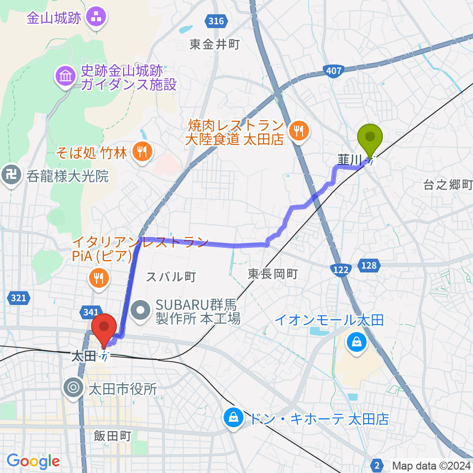 韮川駅から太田市美術館・図書館へのルートマップ地図