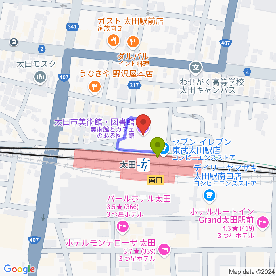 太田市美術館・図書館の最寄駅太田駅からの徒歩ルート（約1分）地図