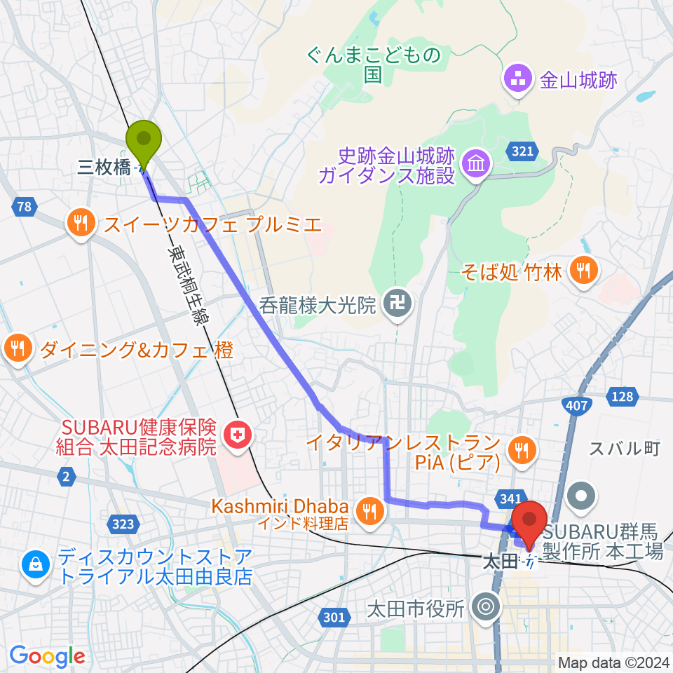 三枚橋駅から太田市美術館・図書館へのルートマップ地図