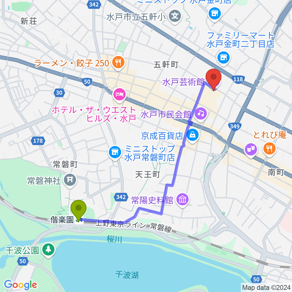 水戸芸術館 現代美術ギャラリーの最寄駅偕楽園駅からの徒歩ルート（約20分）地図