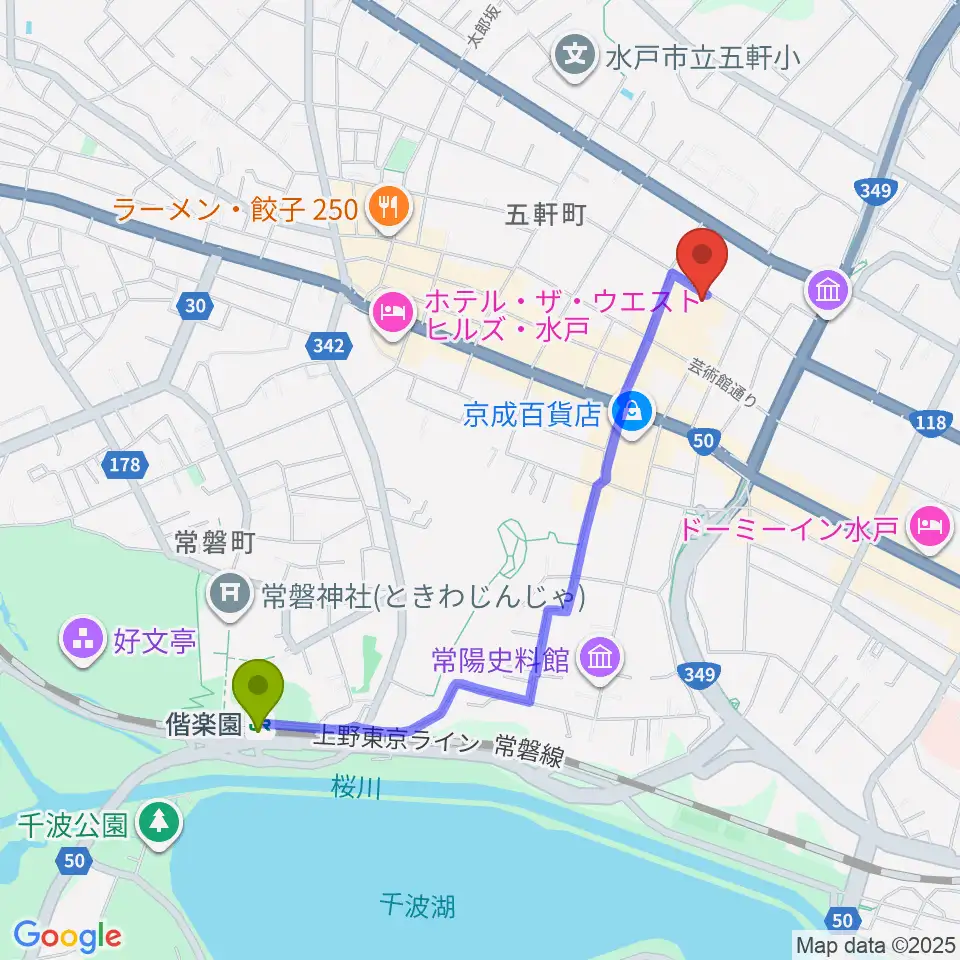 水戸芸術館 現代美術ギャラリーの最寄駅偕楽園駅からの徒歩ルート（約20分）地図