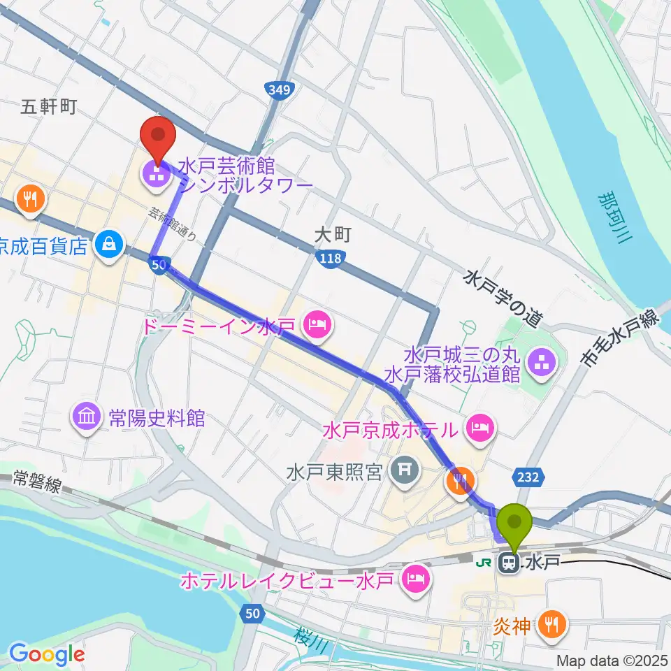 水戸駅から水戸芸術館 現代美術ギャラリーへのルートマップ地図