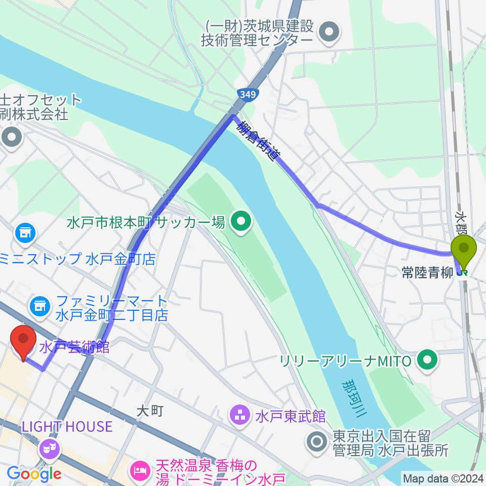 常陸青柳駅から水戸芸術館 現代美術ギャラリーへのルートマップ地図
