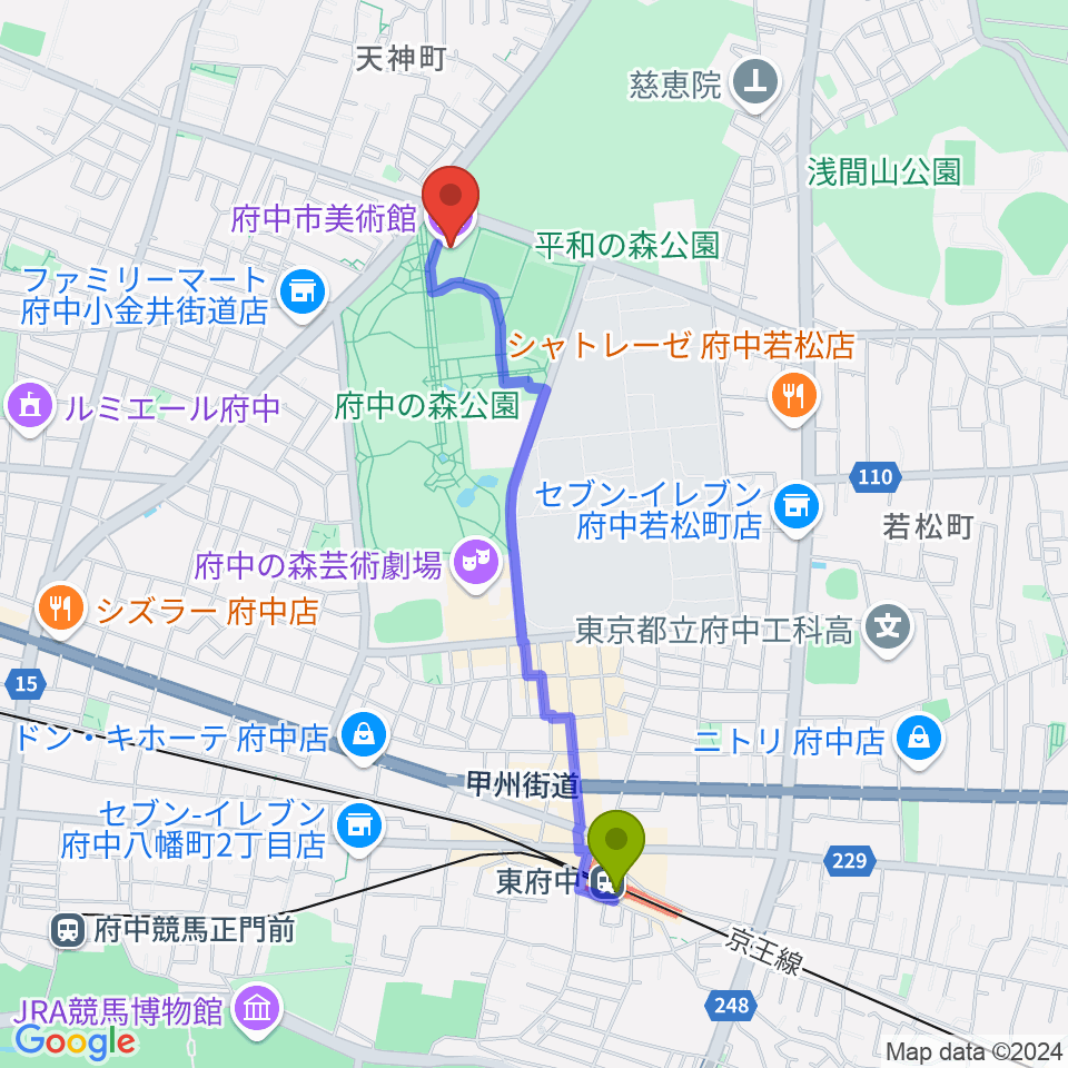 府中市美術館の最寄駅東府中駅からの徒歩ルート（約19分）地図