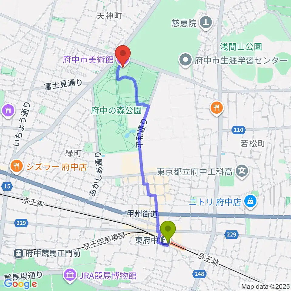 府中市美術館の最寄駅東府中駅からの徒歩ルート（約19分）地図