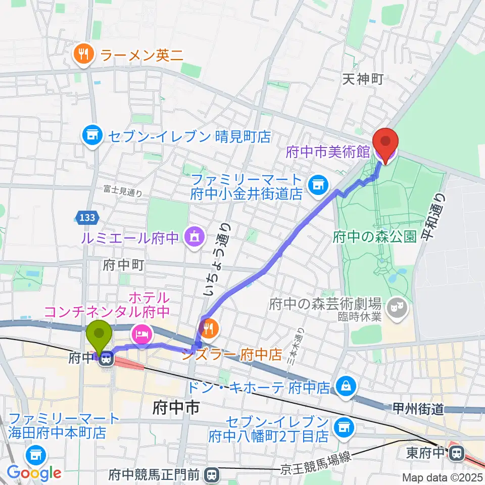 府中駅から府中市美術館へのルートマップ地図