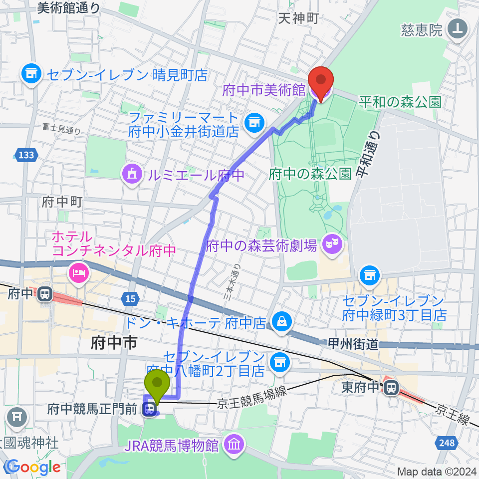 府中競馬正門前駅から府中市美術館へのルートマップ地図