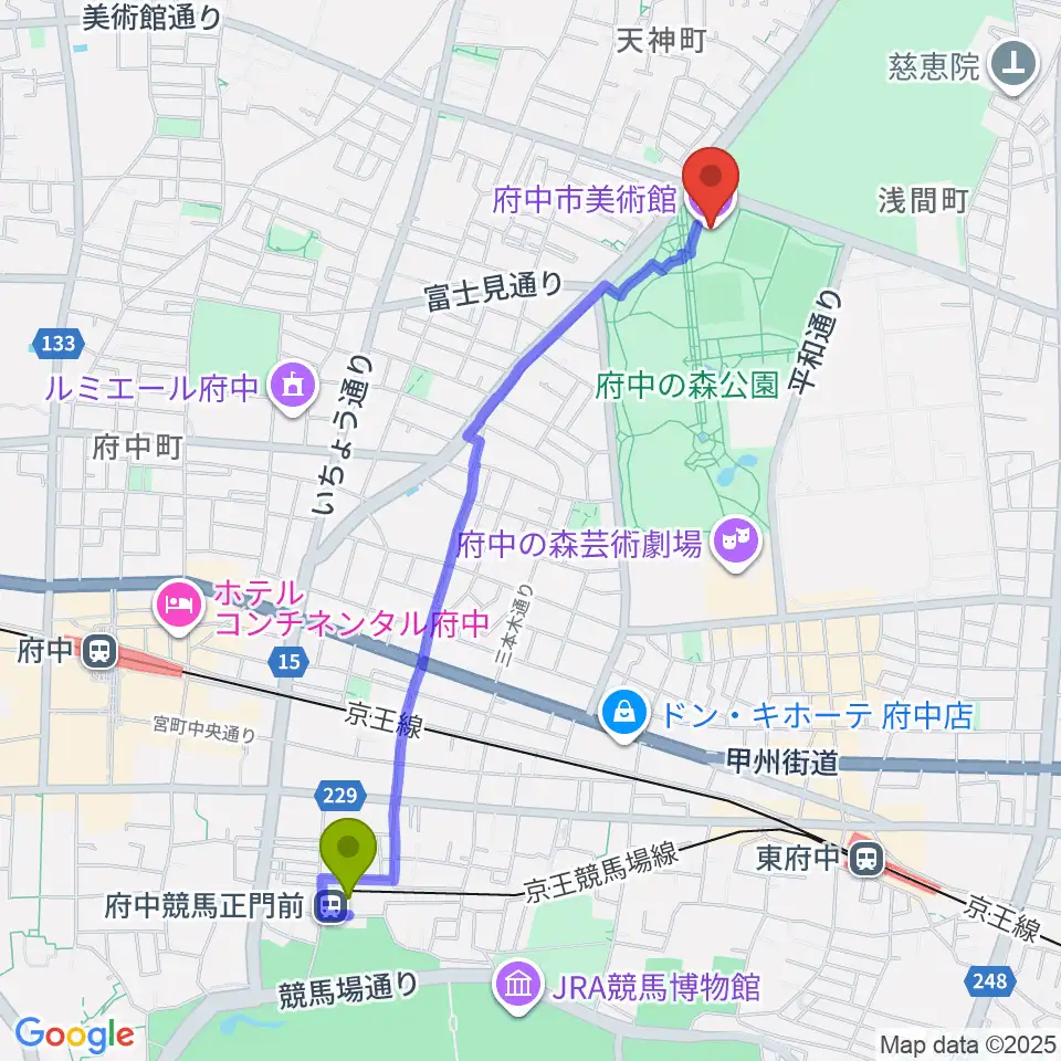 府中競馬正門前駅から府中市美術館へのルートマップ地図