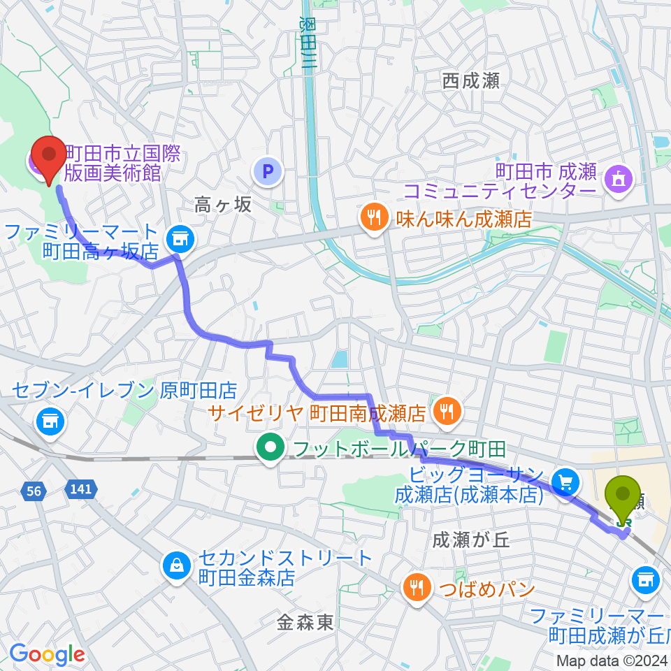 成瀬駅から町田市立国際版画美術館へのルートマップ地図