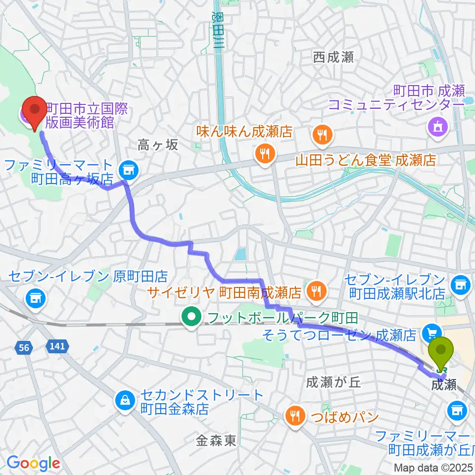 成瀬駅から町田市立国際版画美術館へのルートマップ地図