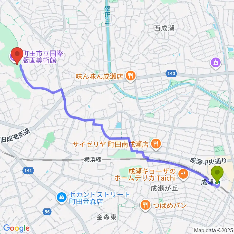 成瀬駅から町田市立国際版画美術館へのルートマップ地図