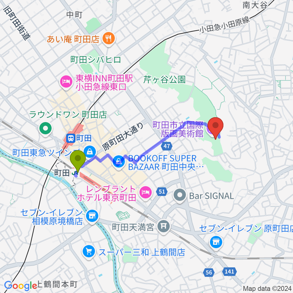 町田市立国際版画美術館の最寄駅町田駅からの徒歩ルート（約15分）地図