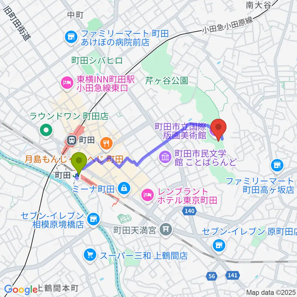 町田市立国際版画美術館の最寄駅町田駅からの徒歩ルート（約15分）地図