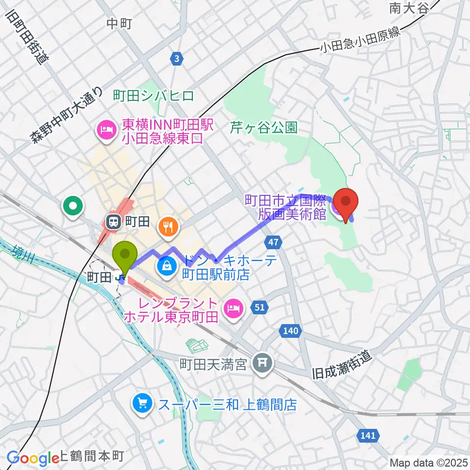町田市立国際版画美術館の最寄駅町田駅からの徒歩ルート（約15分）地図