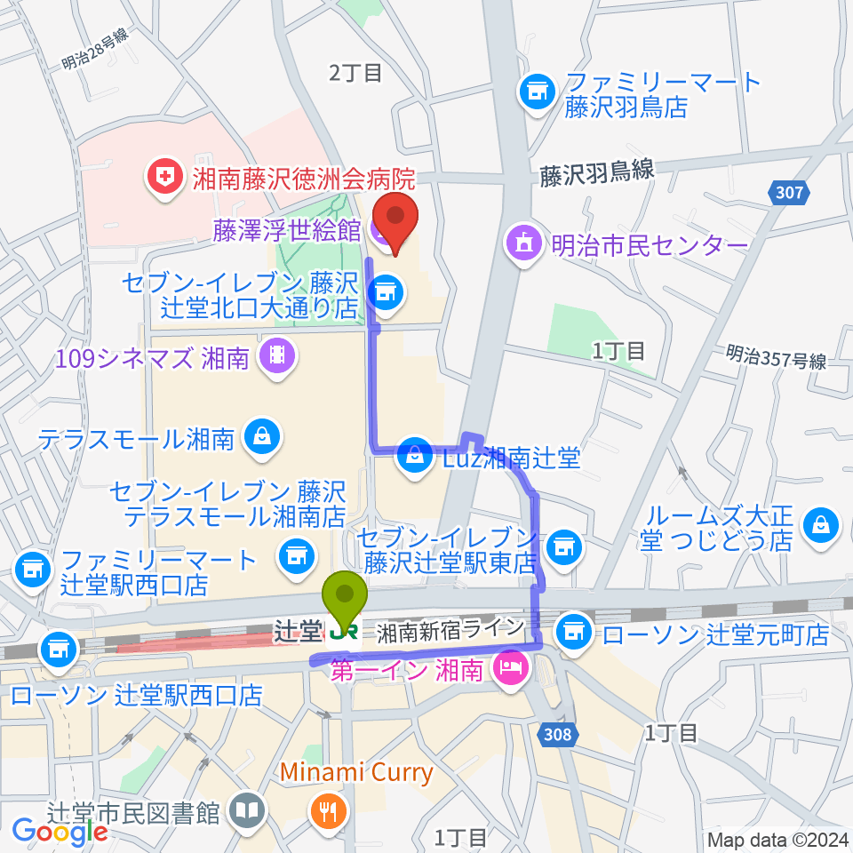 藤澤浮世絵館の最寄駅辻堂駅からの徒歩ルート（約7分）地図