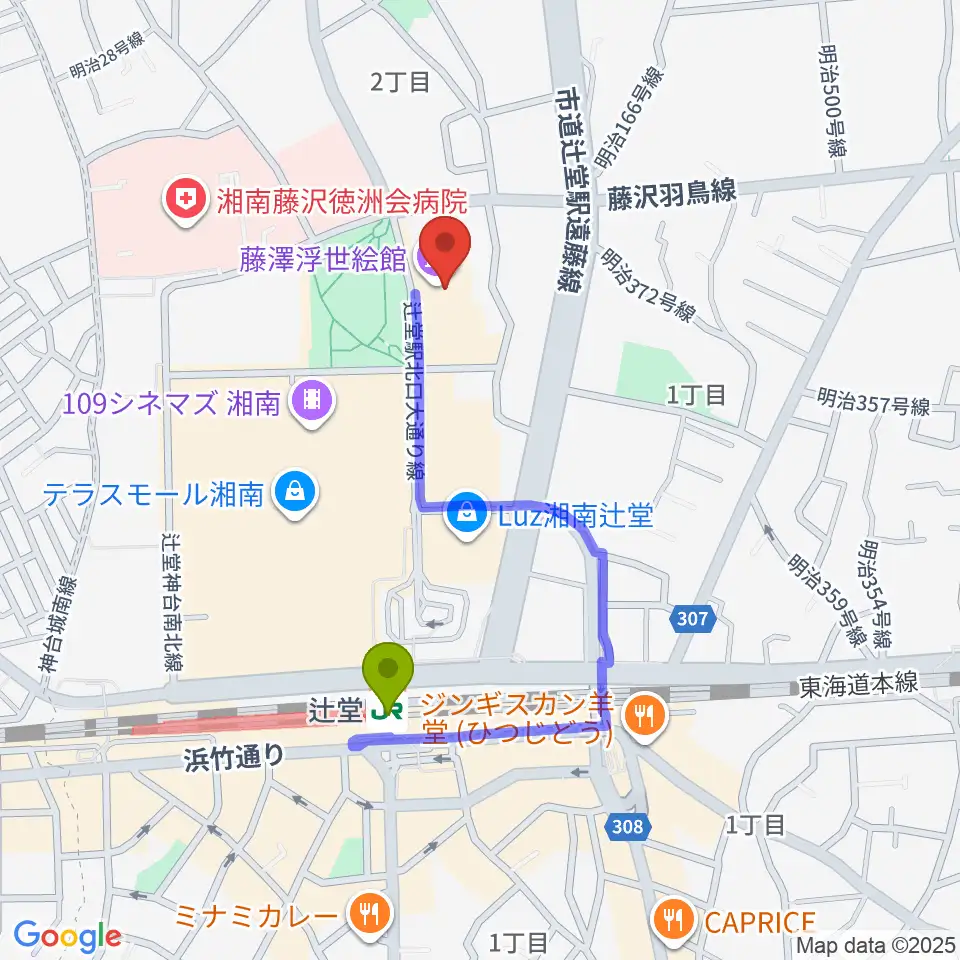 藤澤浮世絵館の最寄駅辻堂駅からの徒歩ルート（約7分）地図