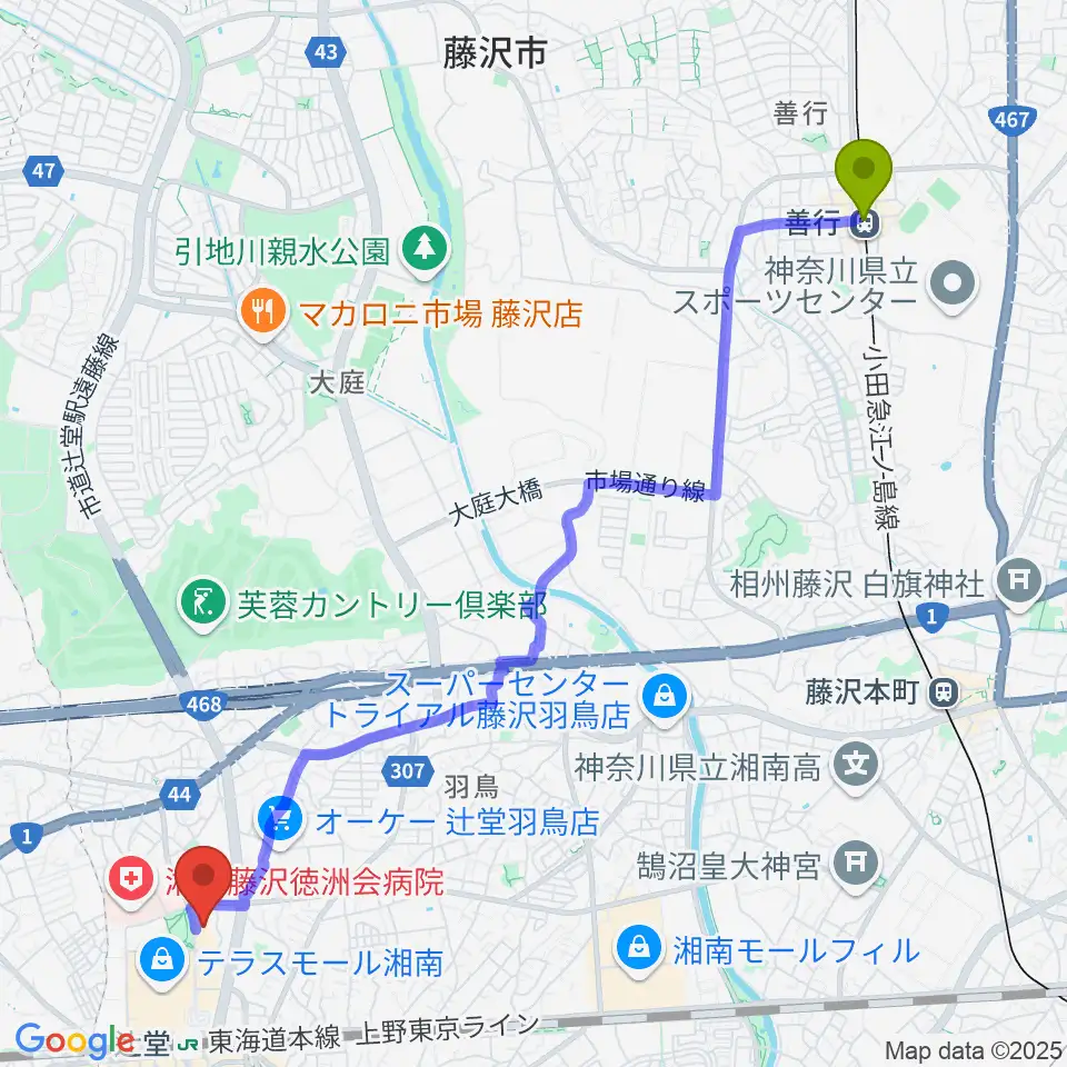 善行駅から藤澤浮世絵館へのルートマップ地図