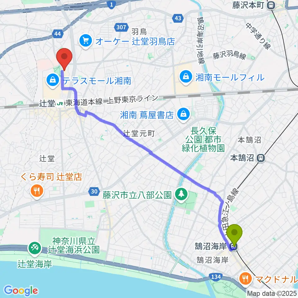 鵠沼海岸駅から藤澤浮世絵館へのルートマップ地図