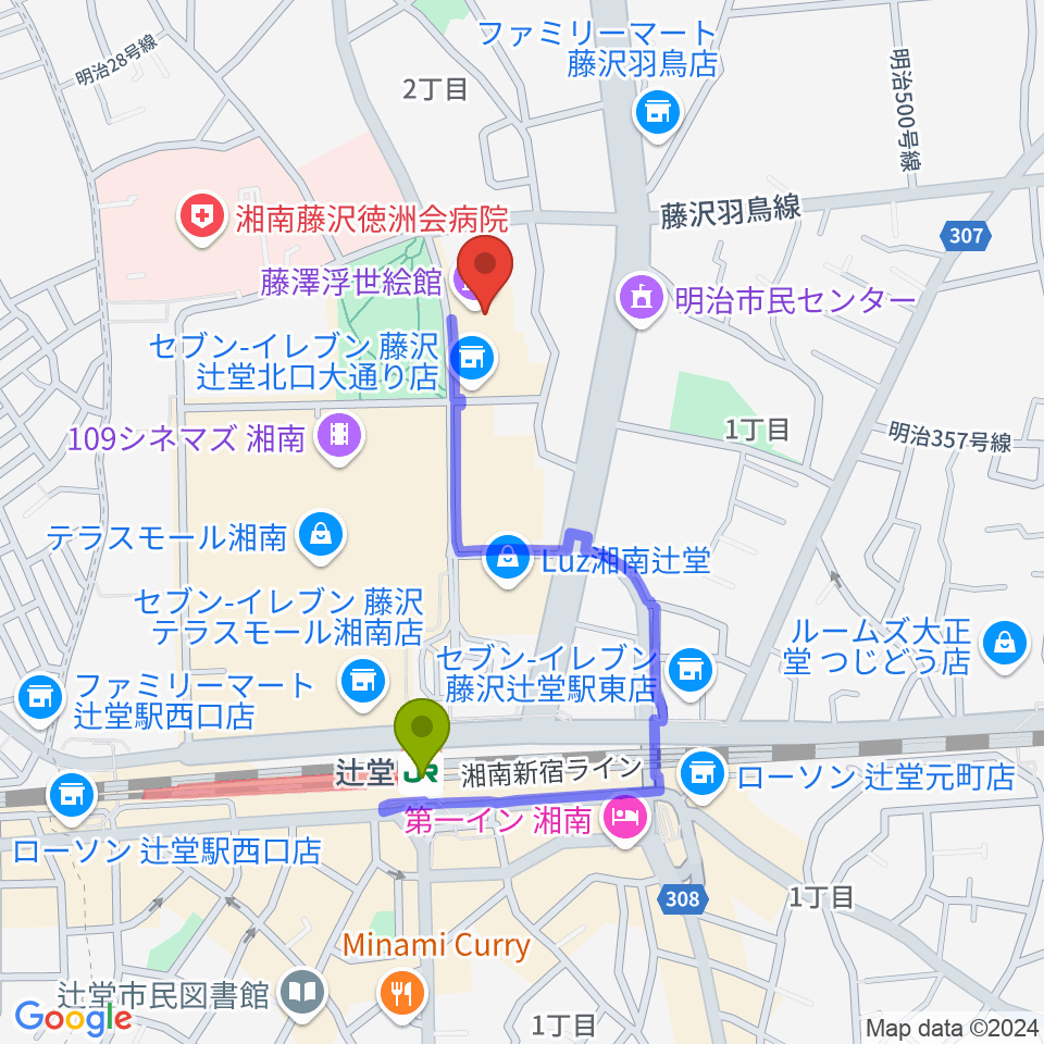 藤沢市アートスペースの最寄駅辻堂駅からの徒歩ルート（約7分）地図