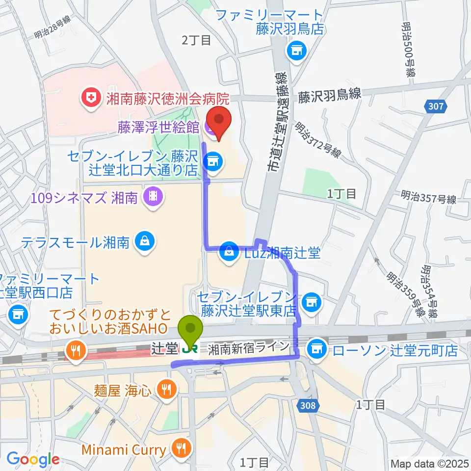 藤沢市アートスペースの最寄駅辻堂駅からの徒歩ルート（約7分）地図