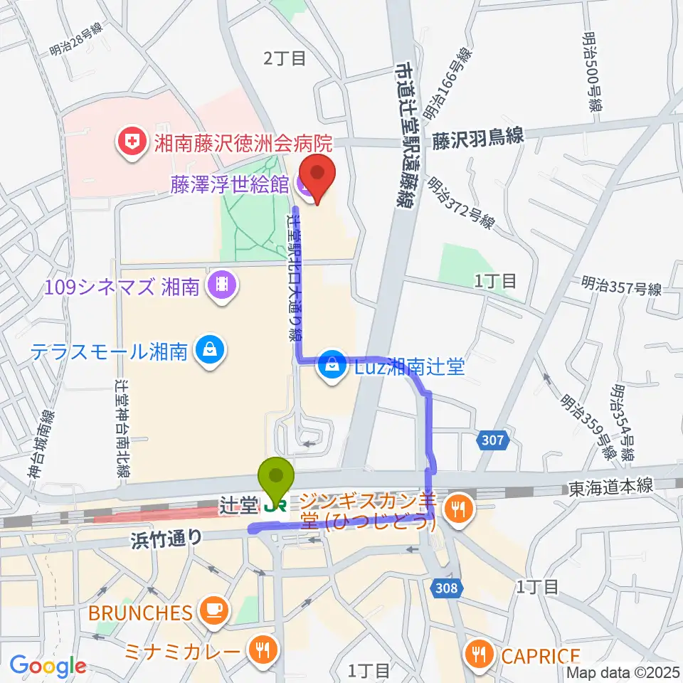 藤沢市アートスペースの最寄駅辻堂駅からの徒歩ルート（約7分）地図