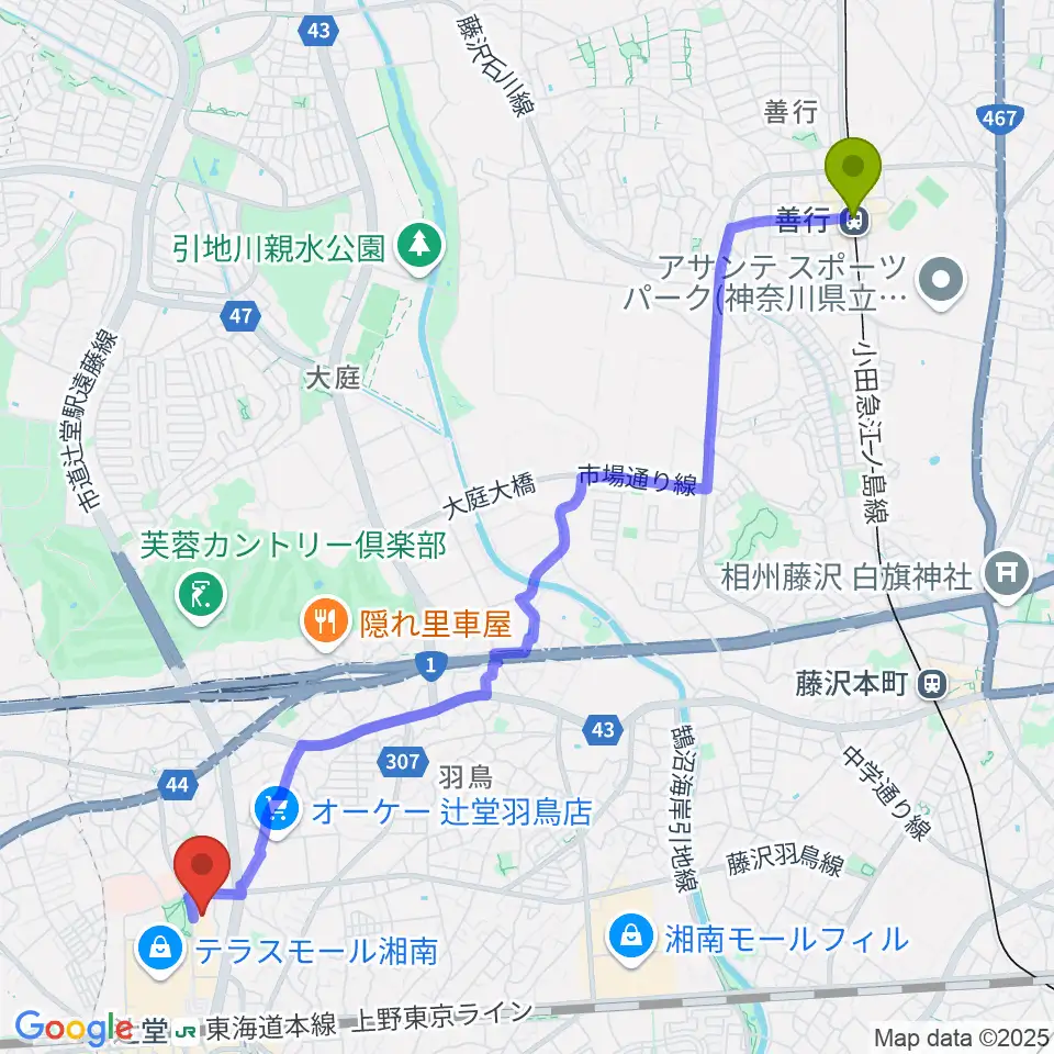 善行駅から藤沢市アートスペースへのルートマップ地図