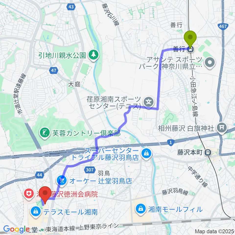 善行駅から藤沢市アートスペースへのルートマップ地図