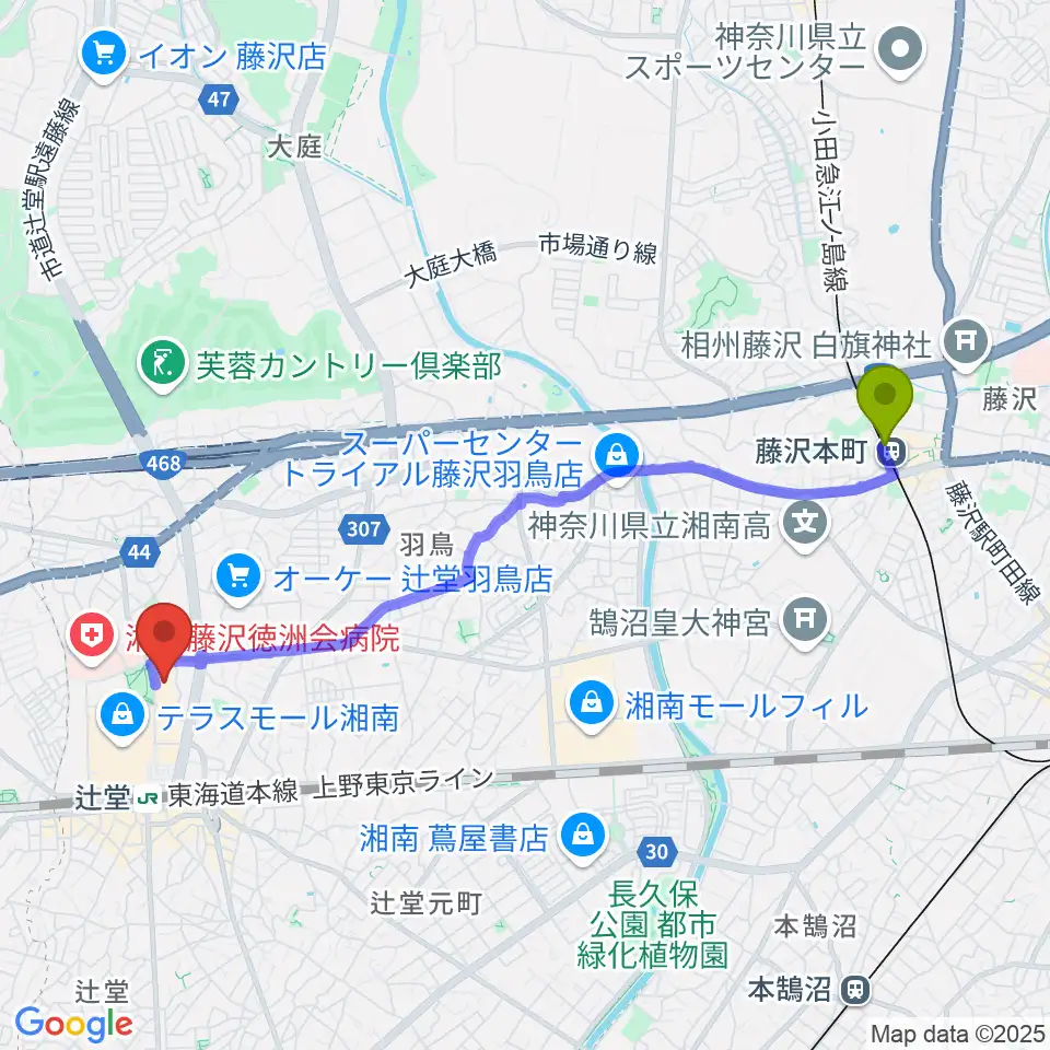 藤沢本町駅から藤沢市アートスペースへのルートマップ地図