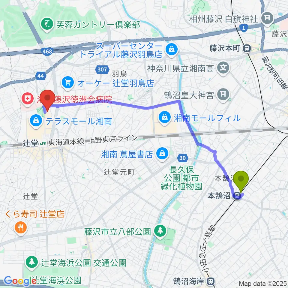 本鵠沼駅から藤沢市アートスペースへのルートマップ地図